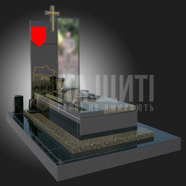 Чорний гранітний військовий пам'ятник з хрестом і контуром України